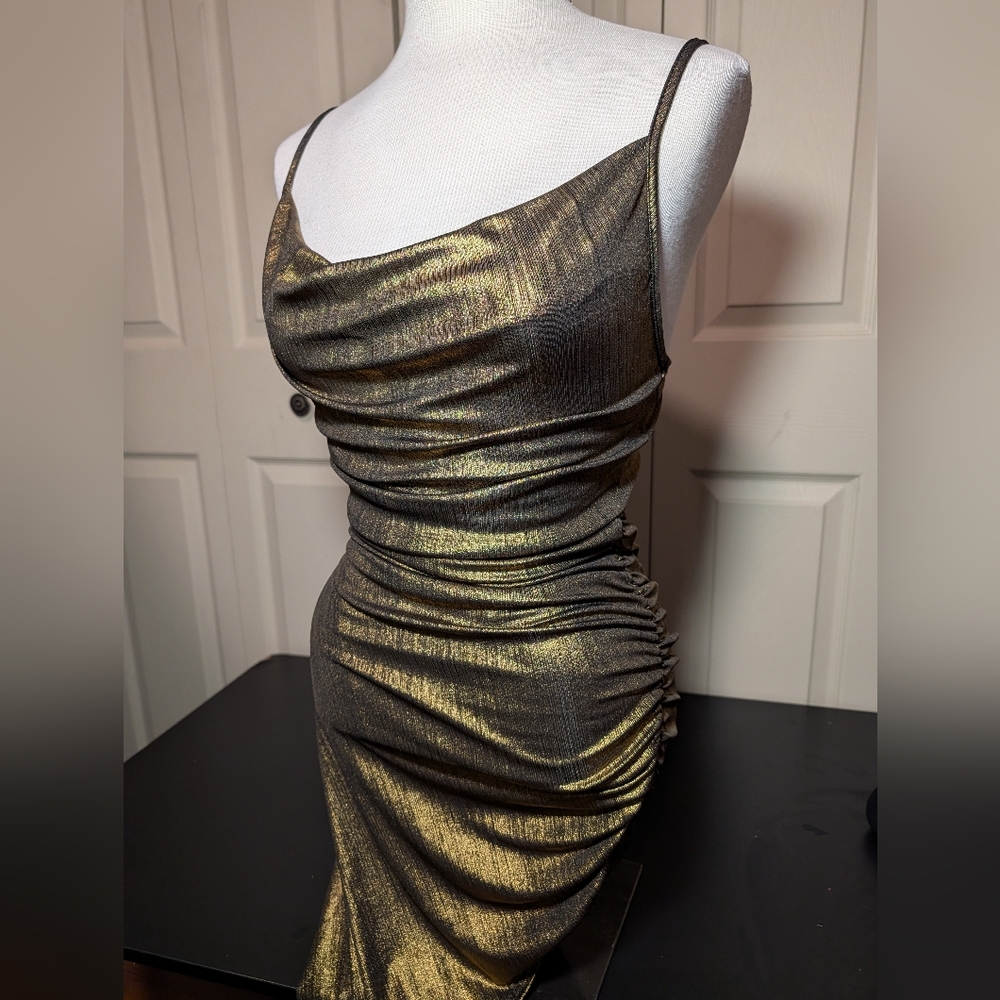 forever rose | metallic gold | midi dress side slit | size small